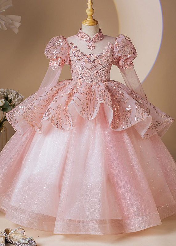 Girls Pink Tulle Gown Long Sleeves Sparkling Overlay - OutfitLondon
