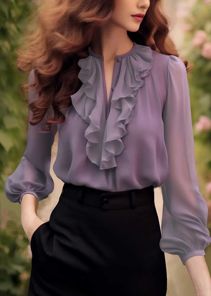 Women's Purple Chiffon Blouse Ruffled Bracelet Sleeves - OutfitLondon