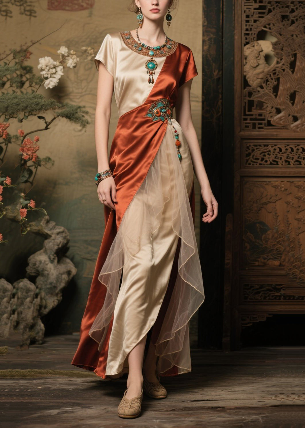 Women's Silk Maxi Dress Apricot - OutfitLondon