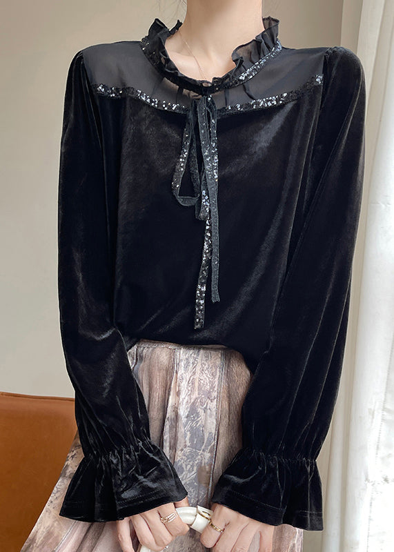Women's Silk Blouse Ruffled Flared Sleeves Velvet Black - OutfitLondon
