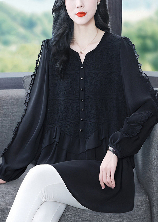 Women's Silk Blouse Patchwork Lace Ruffles Black - OutfitLondon