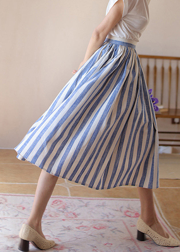 Women's High Waisted Cotton Skirt Blue Striped - OutfitLondon