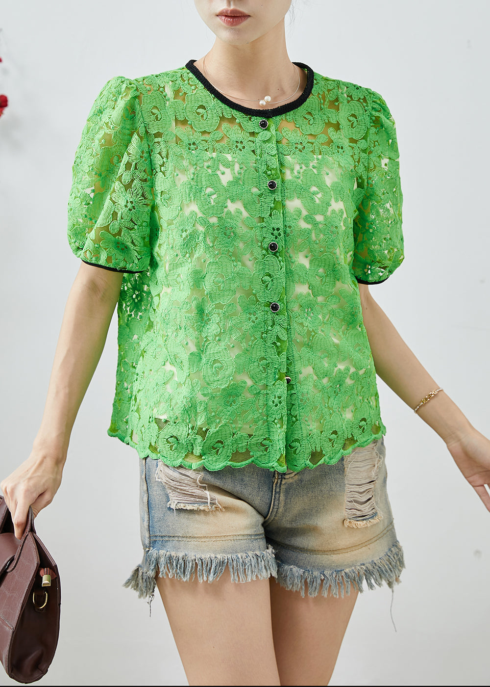 Women's Green Embroidered Lace Blouse Breathable - OutfitLondon