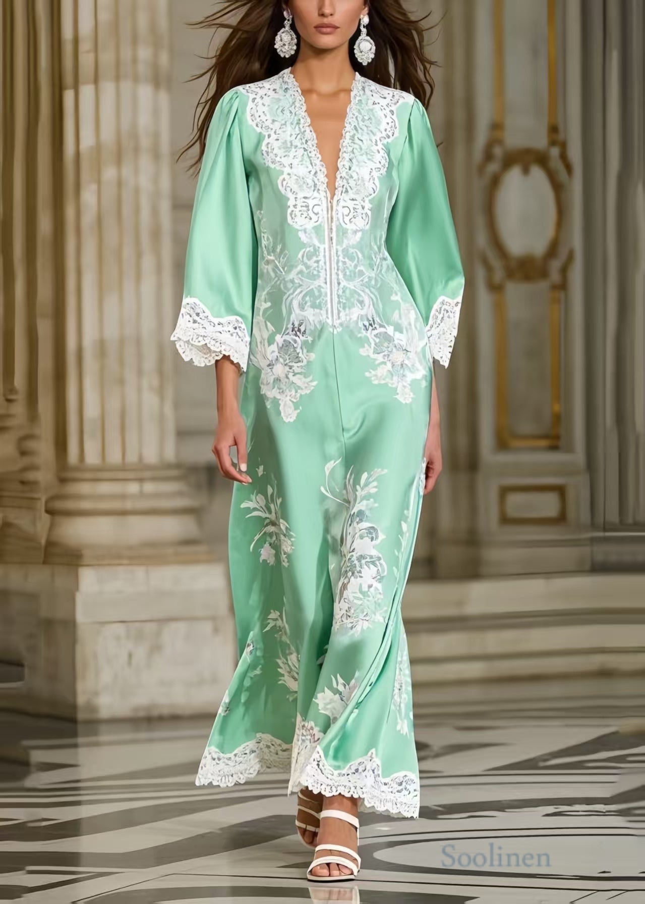 Women's Silk Evening Dress Lace Detailing Lake Green - OutfitLondon