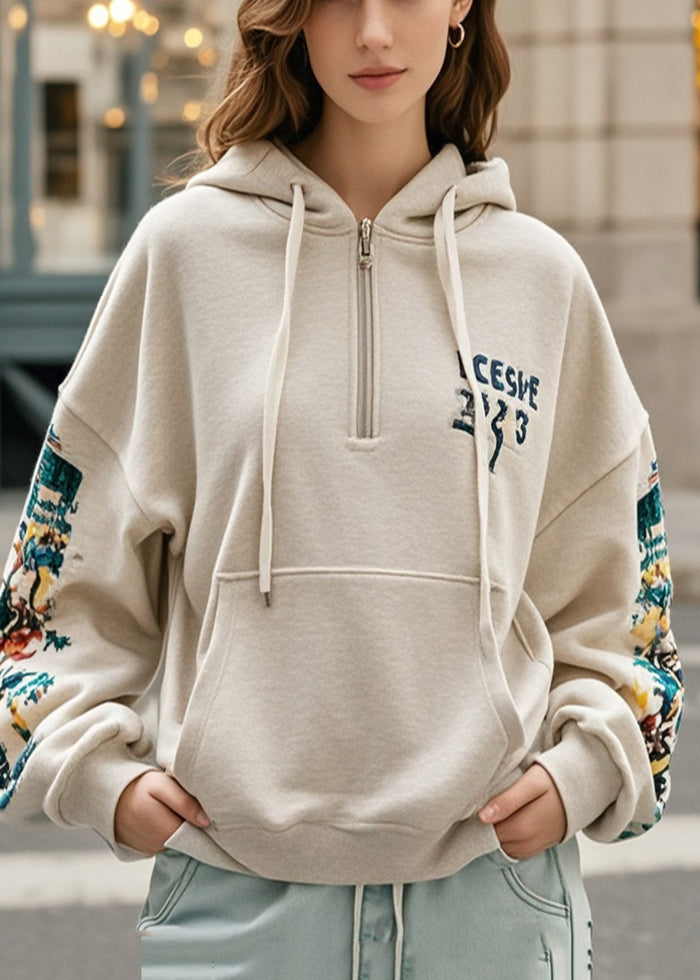 Women's Cotton Hoodie Lightweight Printed Autumn Cozy Warm Beige - OutfitLondon