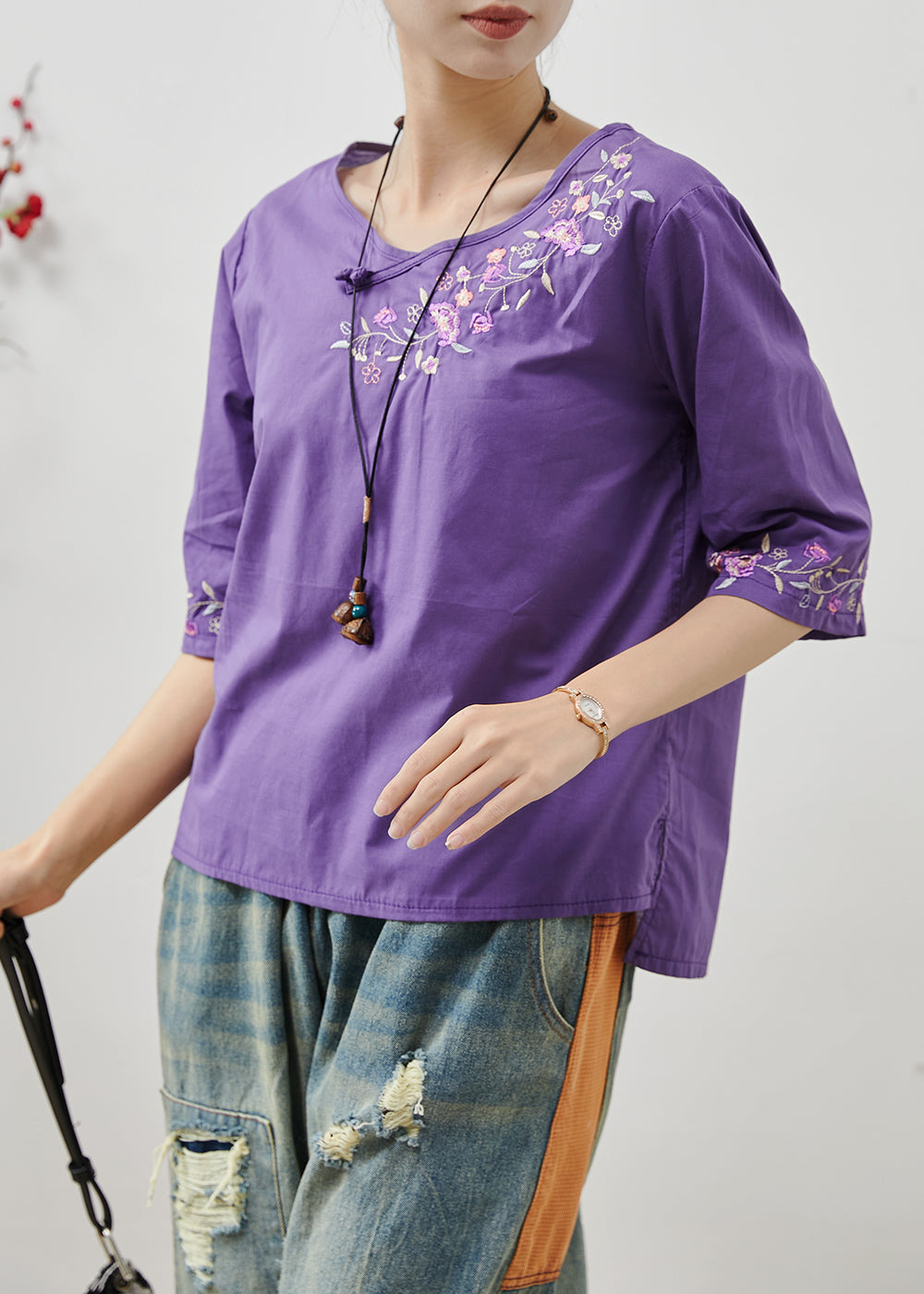 Women's Embroidered Cotton Blouse Purple Lightweight - OutfitLondon