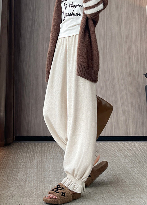 Women's Beige Knit Lantern Pants Elastic Waist - OutfitLondon