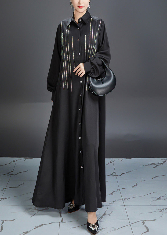 Women's Black Striped Maxi Dress Lantern Sleeves - OutfitLondon