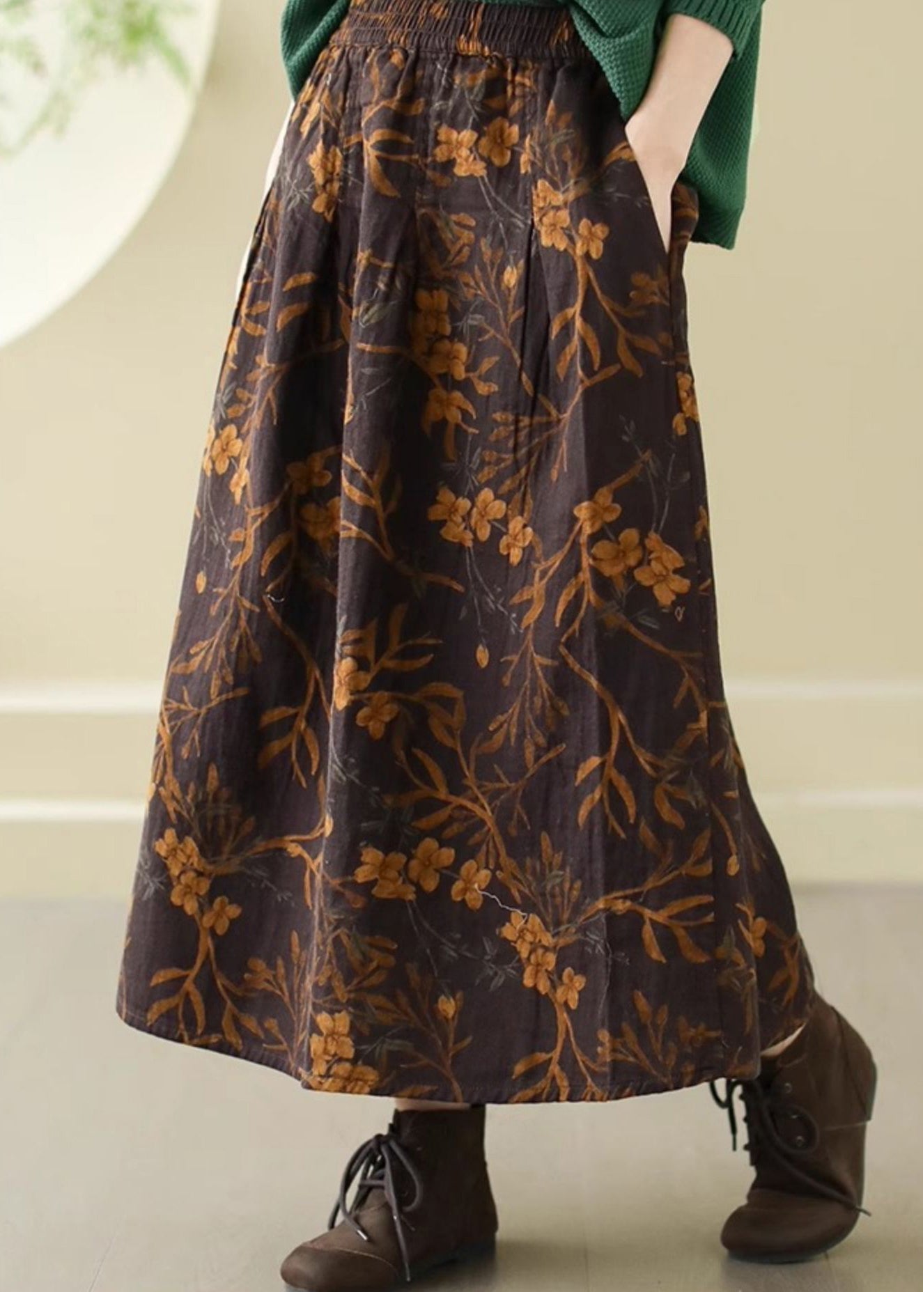 Women's Cotton Skirt Elastic Waist Plus Size Brown Floral - OutfitLondon