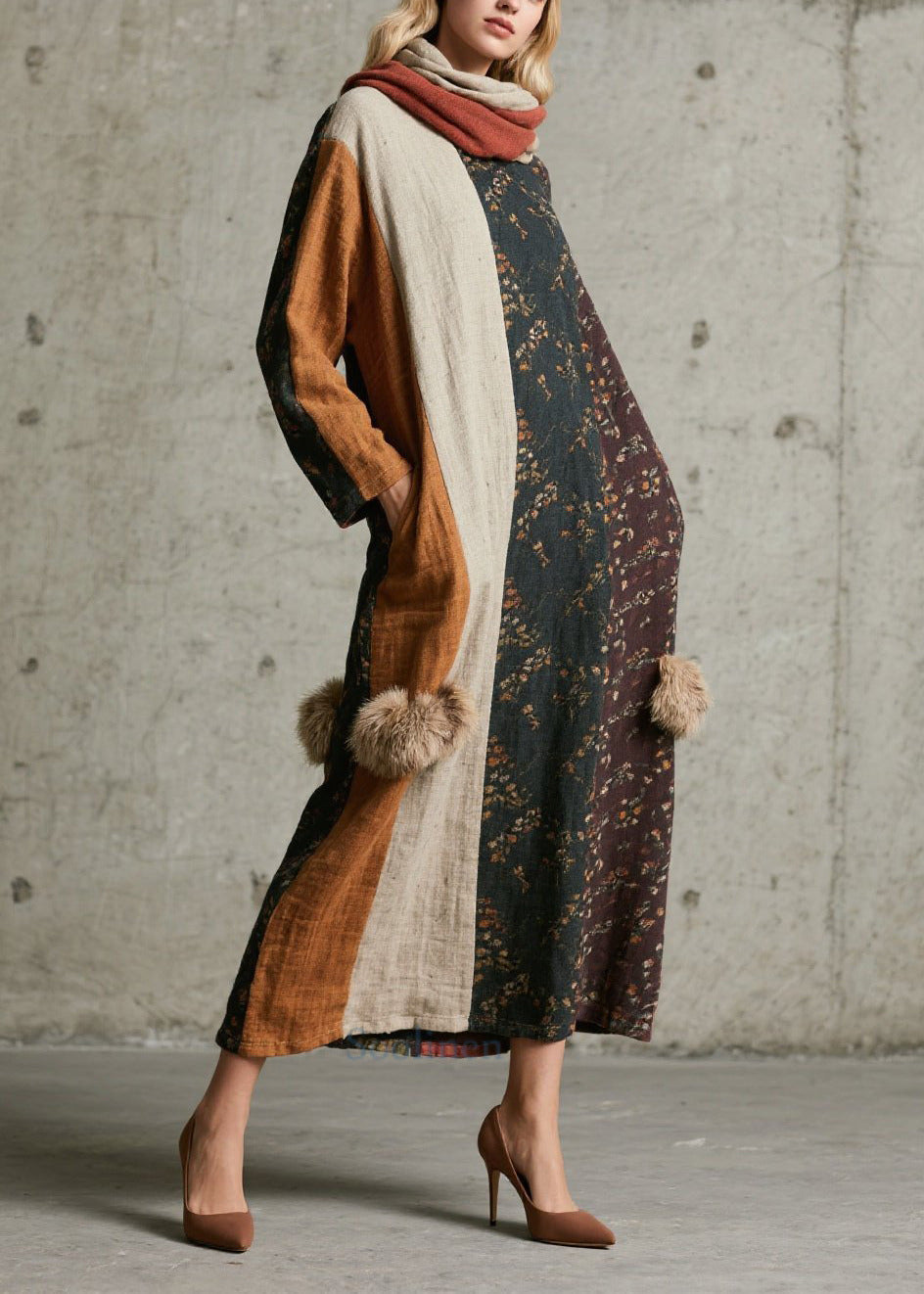 Women's Cotton Patchwork Dress Cozy Autumn Plush Pom Pom - OutfitLondon