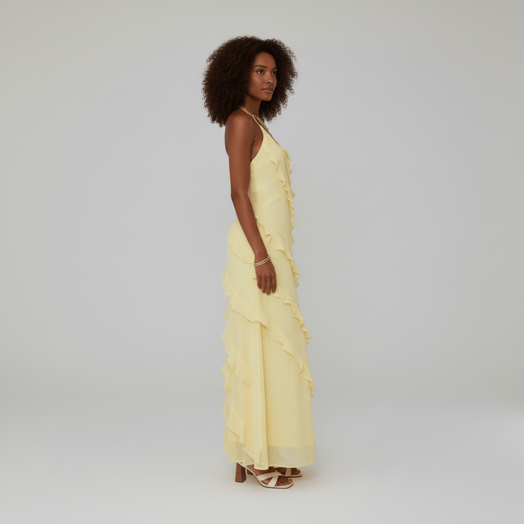 Elegant V Neck Ruffled Maxi Dress for Ladies