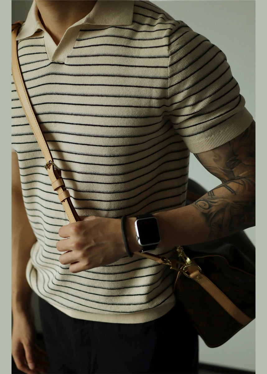 Men's Beige Striped Polo Shirt Lightweight Knit Classic Fit - OutfitLondon