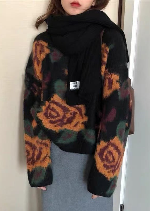 Women's Floral Sweater Black Soft Knit - OutfitLondon
