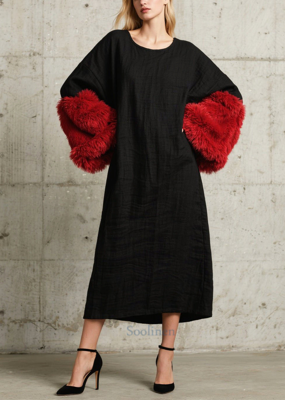Women's Faux Fur Straight Dress Black Patchwork - OutfitLondon