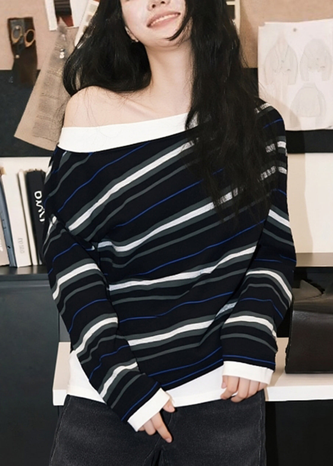 Women's Striped Cotton T Shirt Off Shoulder Relaxed Fit Breathable - OutfitLondon