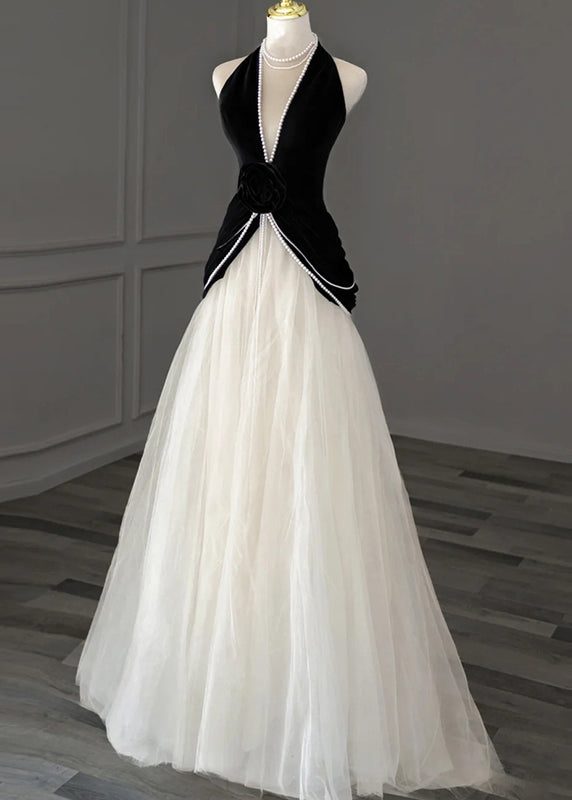 Women's Black Velvet Gown Pearl Embellished Tulle Skirt Formal - OutfitLondon