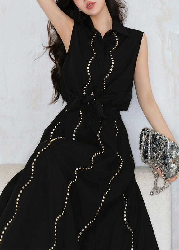 Women's Black Cotton Lace Up And Skirt Set - OutfitLondon