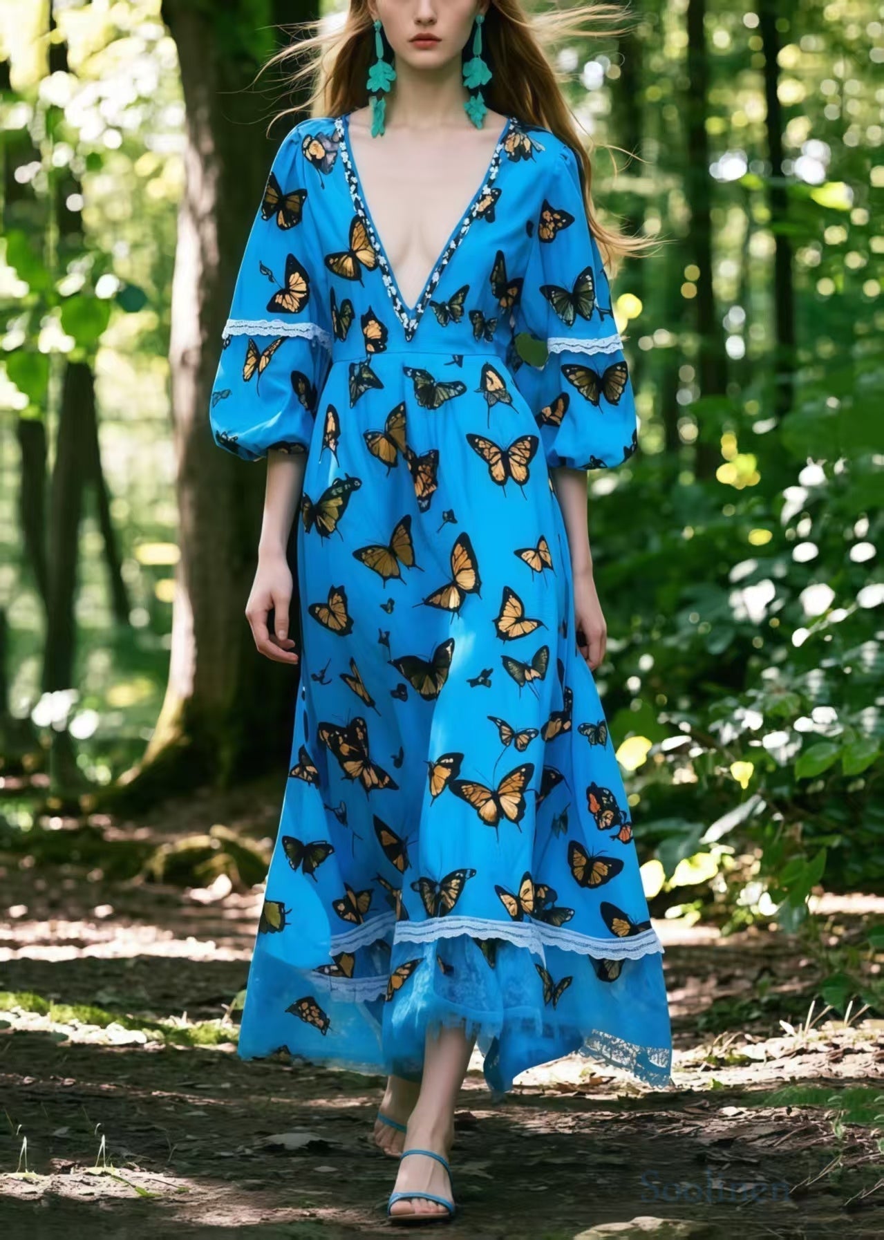Women's French Blue Cotton Long Dress V Neck Butterfly Print - OutfitLondon