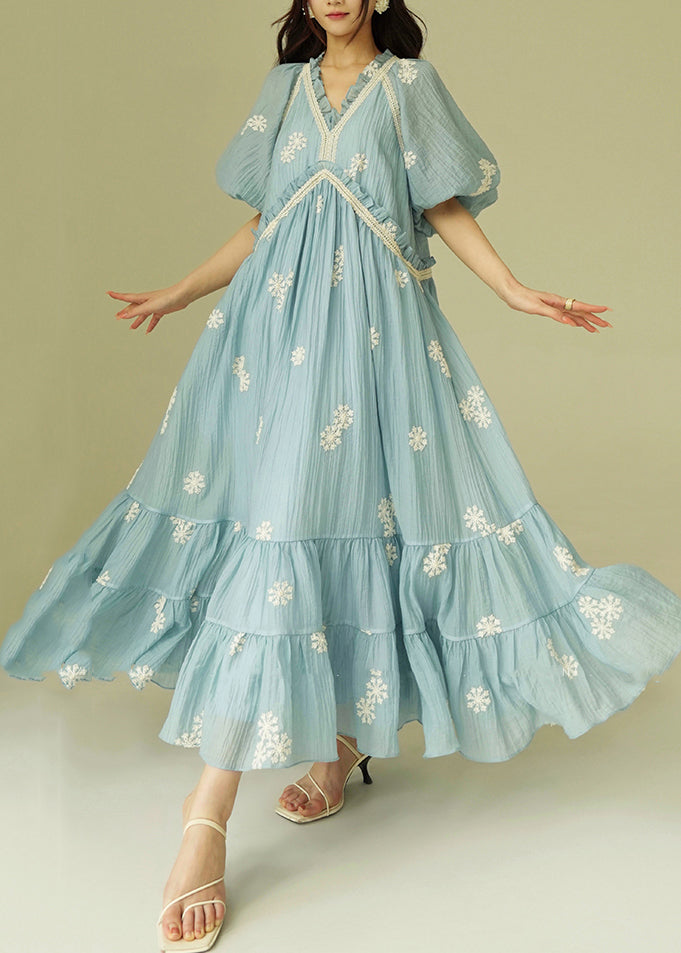 Women's Cotton Maxi Dress French Blue Breathable Embroidery - OutfitLondon