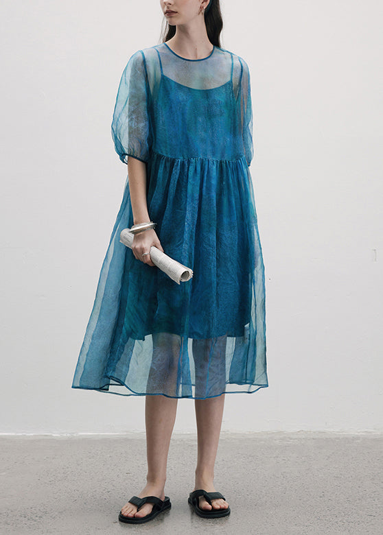 Women's Silk Two Piece Set French Blue Lantern Sleeves - OutfitLondon