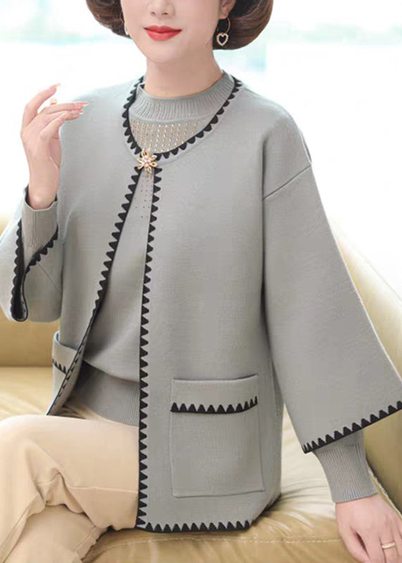 Women's Cotton Cardigan Sweater Set French Blue Three Quarter Sleeves - OutfitLondon