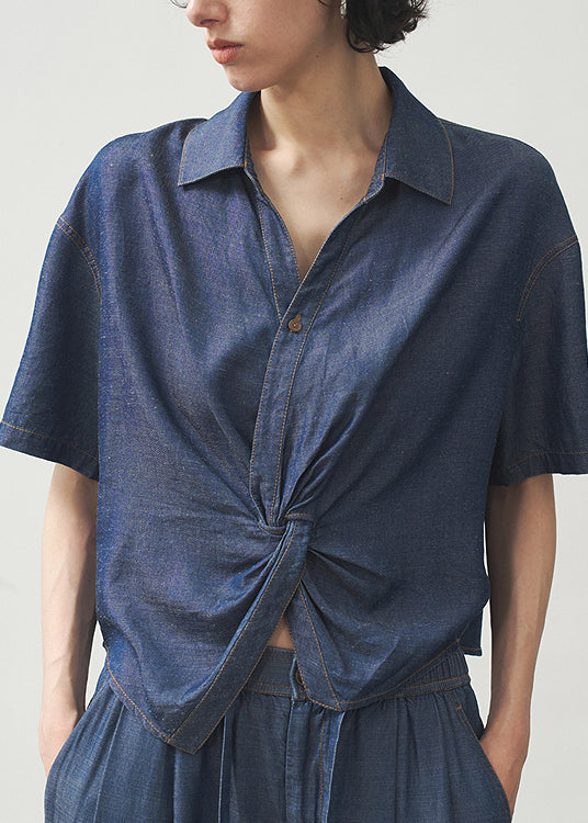 Women's Blue Denim Blouse Relaxed Fit Casual Claudine Collar - OutfitLondon