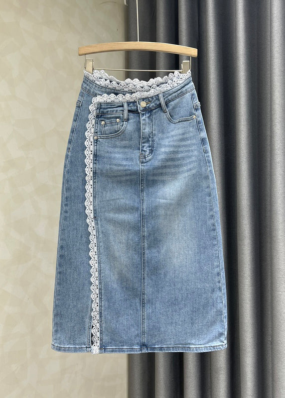 Women's Denim Skirt Blue Lace Trim - OutfitLondon
