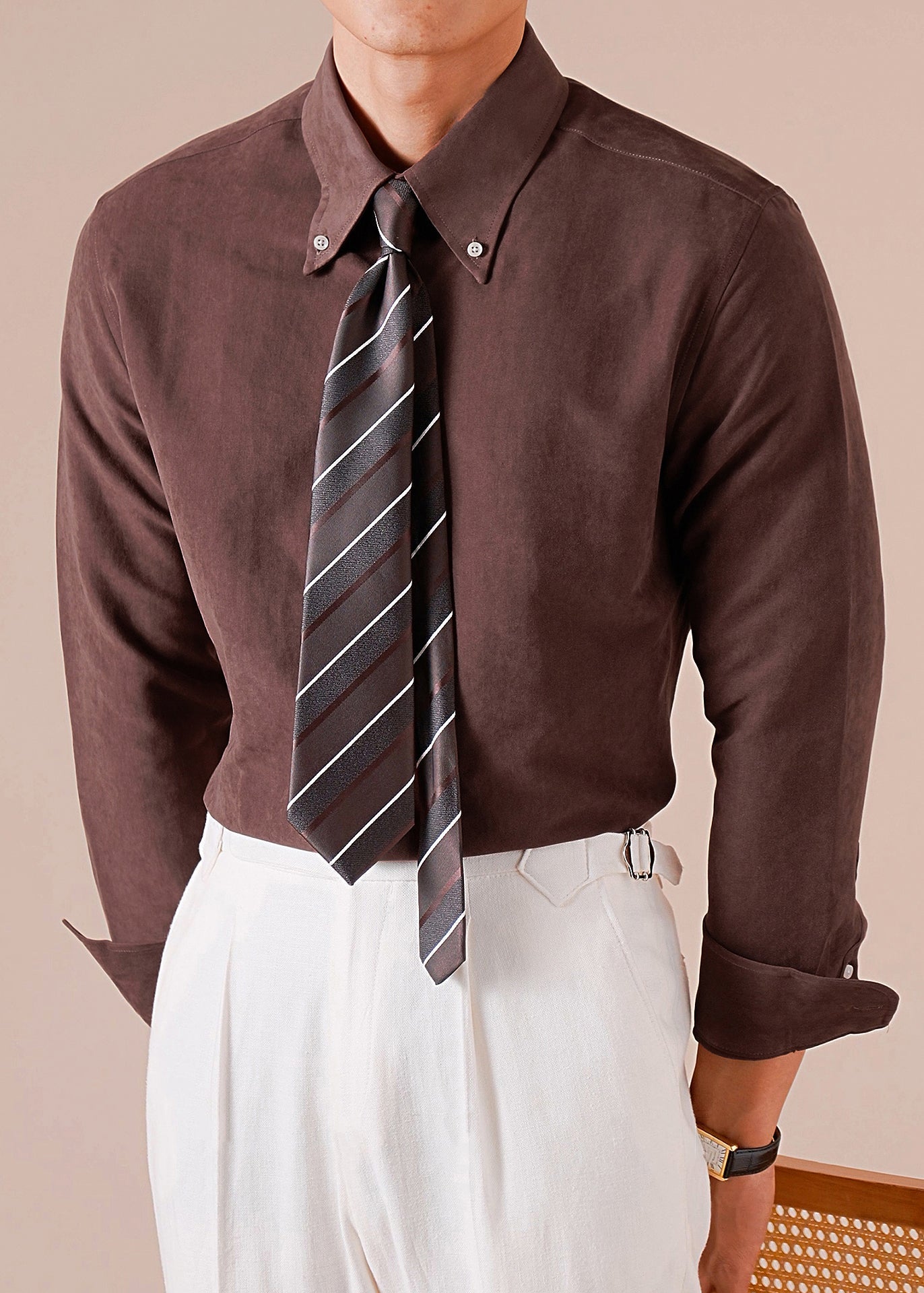 Mens Cotton Button Down Shirt Chocolate Brown Peter Pan Collar - OutfitLondon