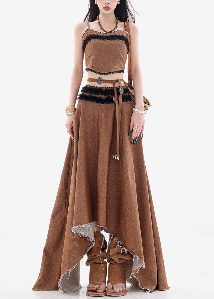 Women's Denim Two Piece Set Sleeveless Lace Skirt - OutfitLondon