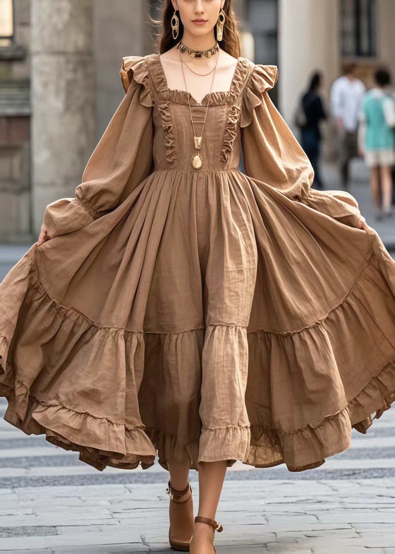 Women's Cotton Evening Dress With Ruffles Extra Large Hem - OutfitLondon