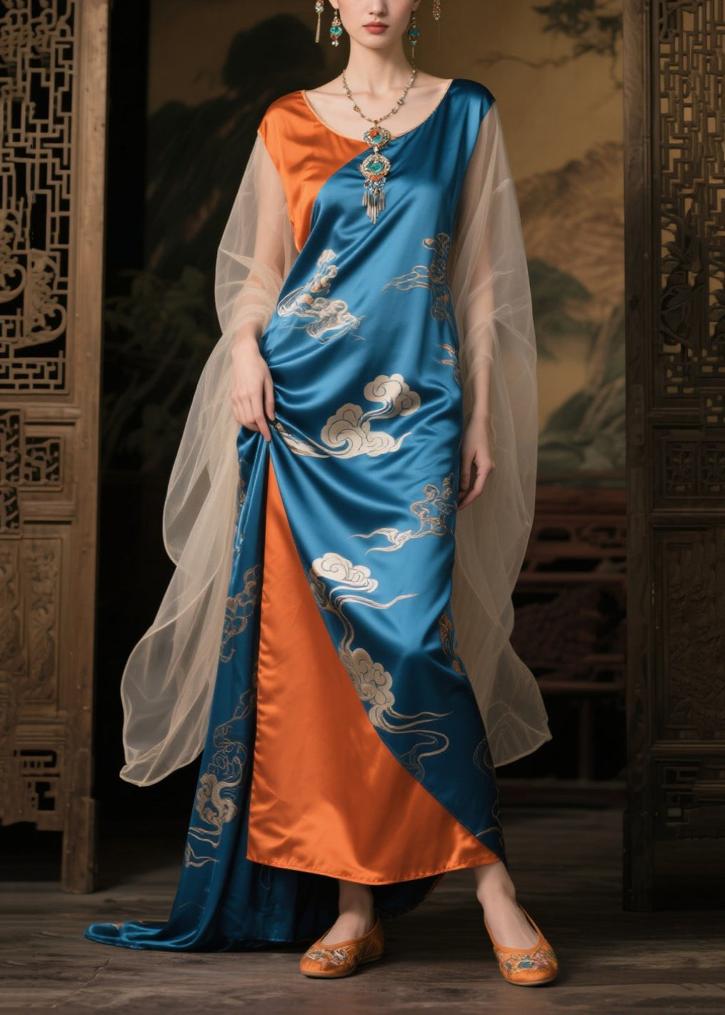 Women's Silk Maxi Dress Asymmetric Flow Multicolor - OutfitLondon