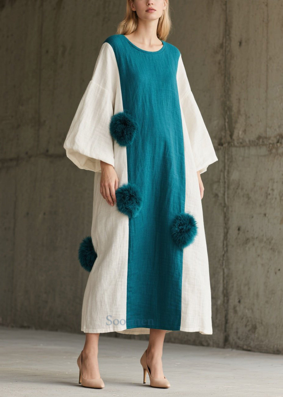 Women's Colorblock Patchwork Dress Lantern Sleeves - OutfitLondon