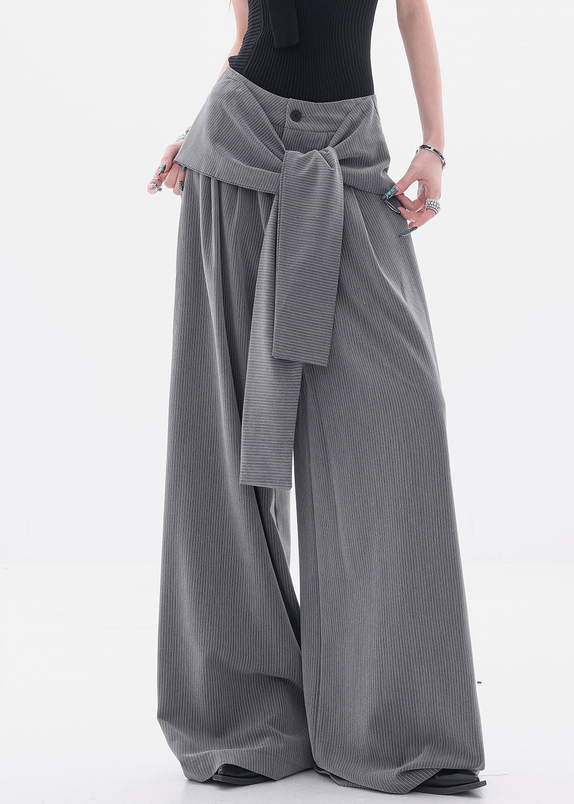 Women's Elastic Lace-Up Pants Gray Spandex - OutfitLondon