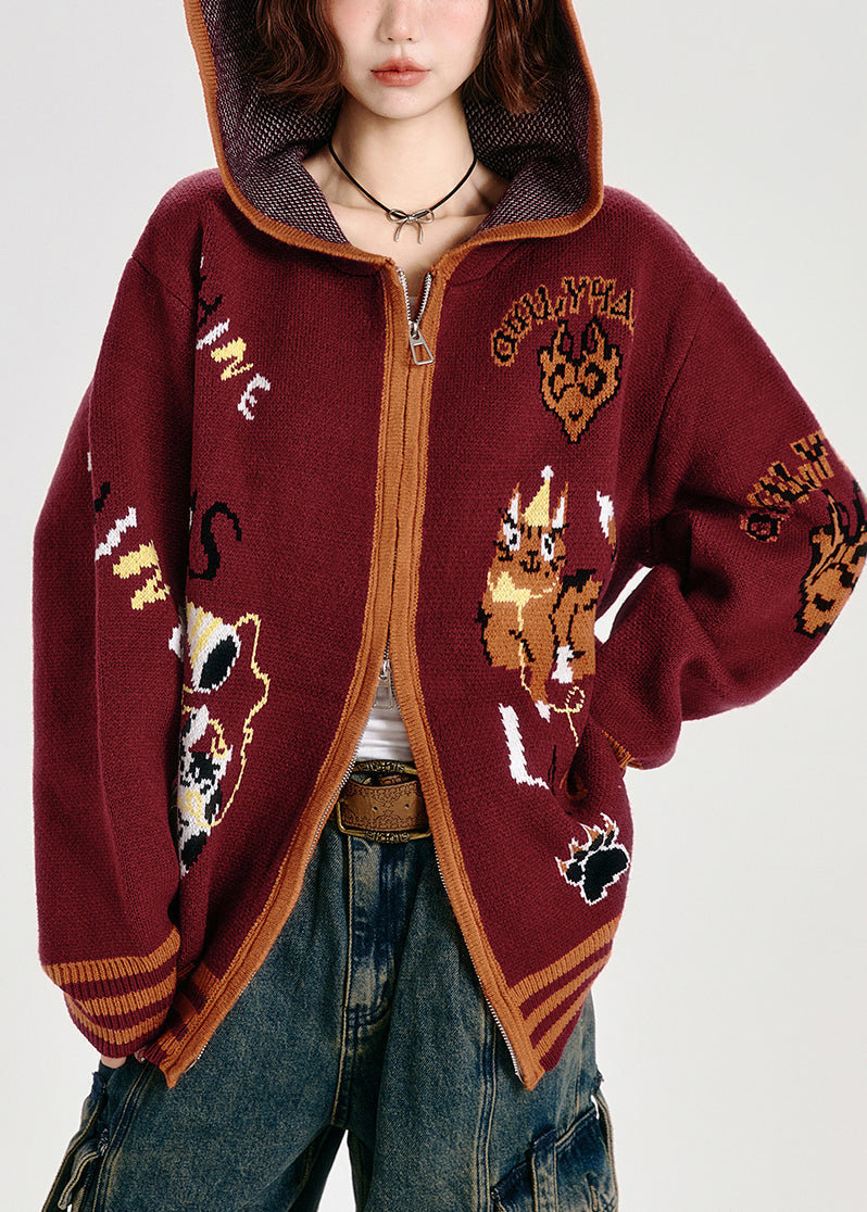 Women's Oversized Red Jacquard Knit Hoodie Soft - OutfitLondon