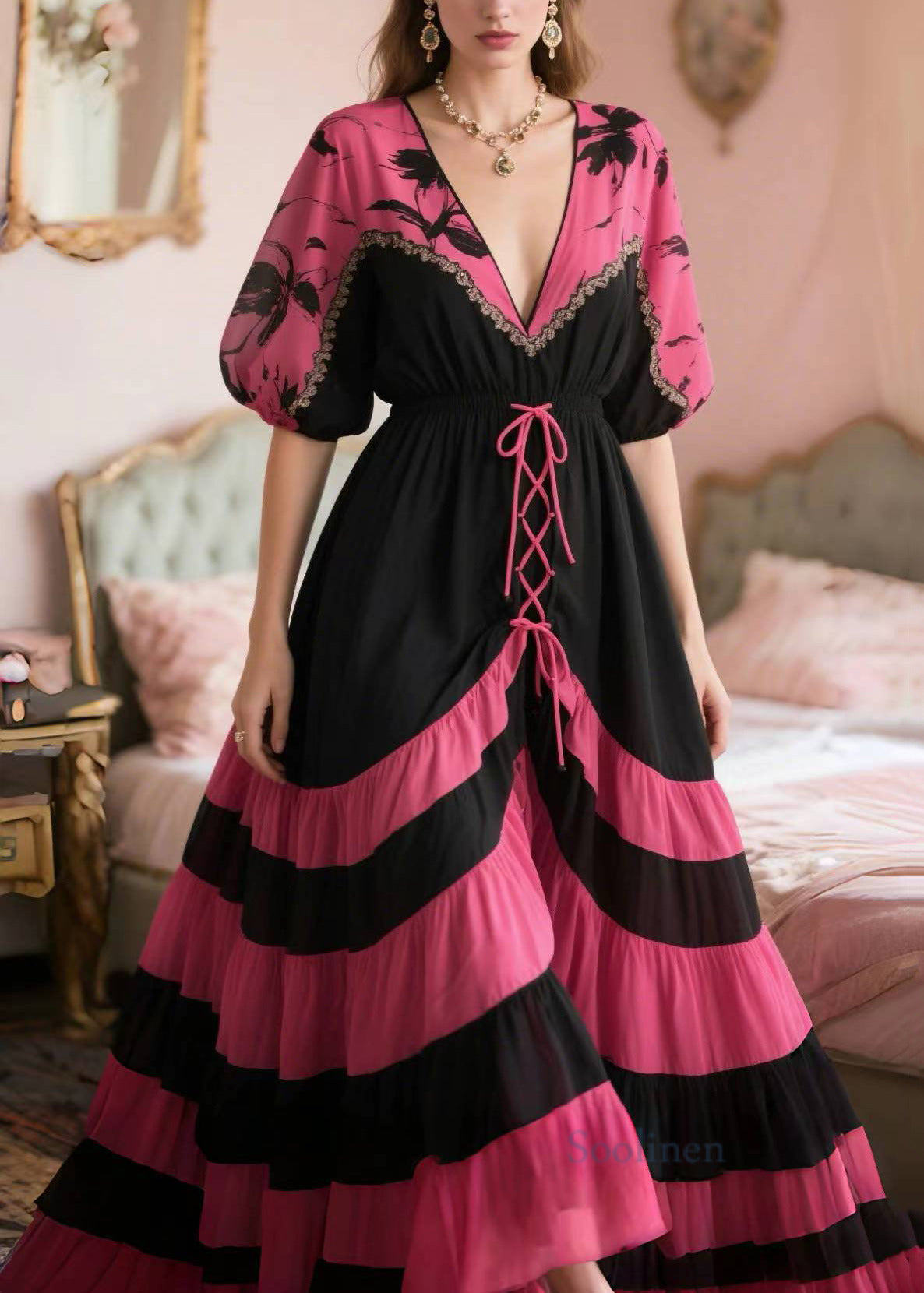 Women's Chiffon Evening Dress Pink Rose Patchwork Lightweight - OutfitLondon