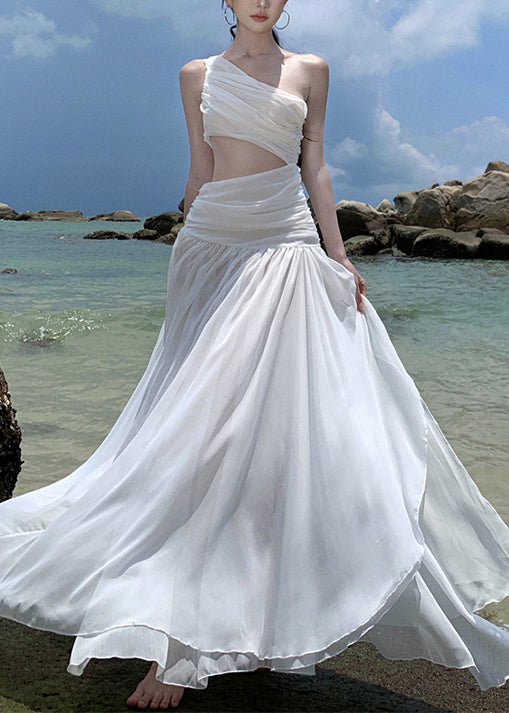Women's White Chiffon Asymmetrical Dress Lightweight - OutfitLondon