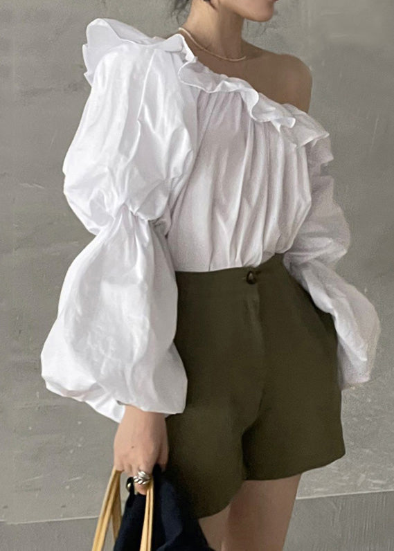 Women's Off Shoulder Cotton Blouse White Puff Sleeves - OutfitLondon