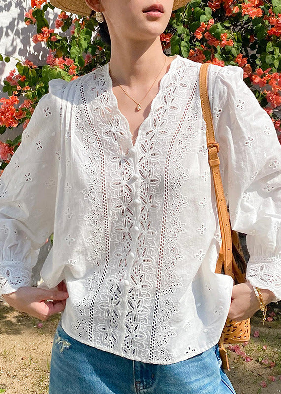 Women's Cotton Embroidered V Neck Shirt White - OutfitLondon