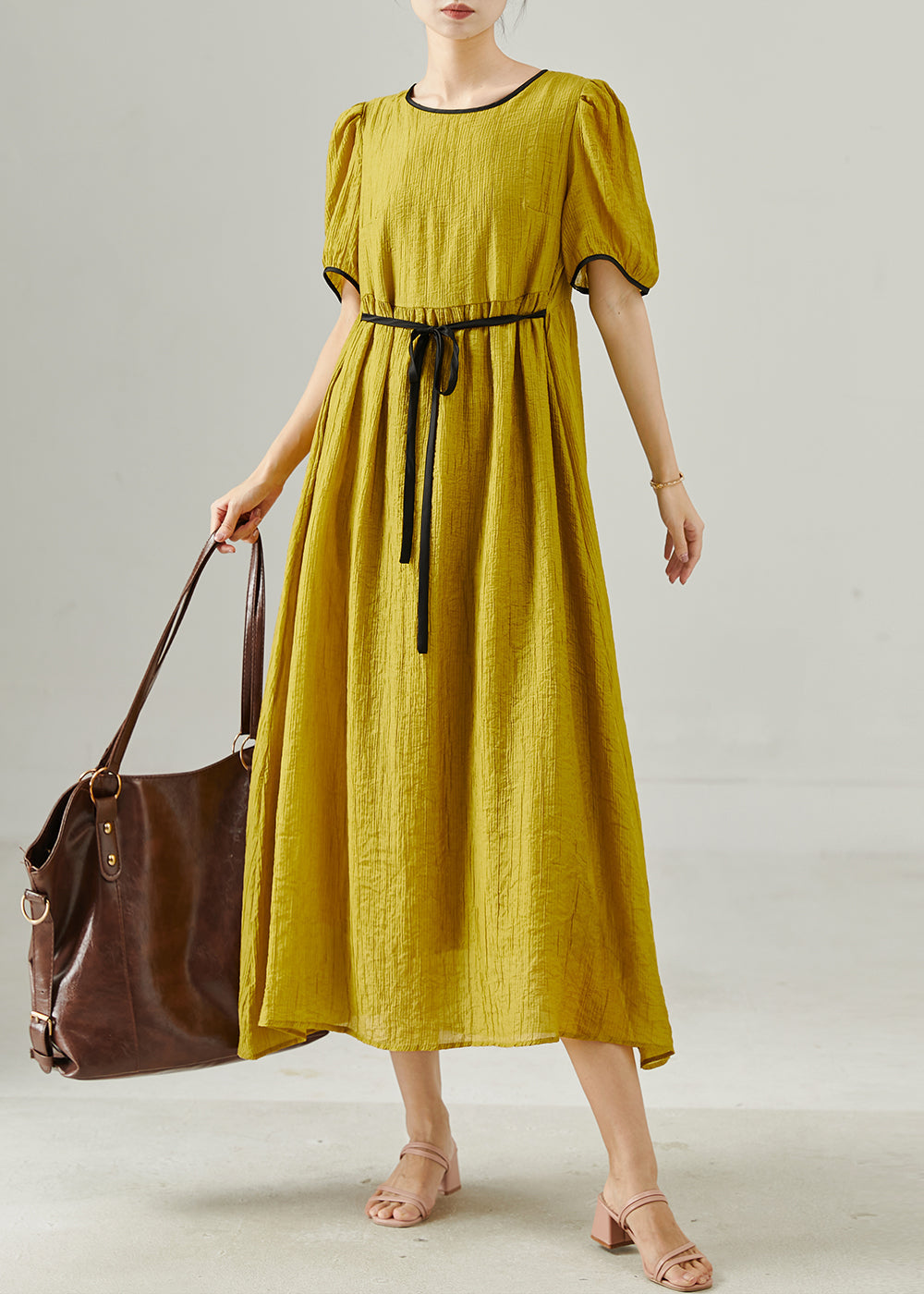 Women's Yellow Cotton Summer Dress Lightweight Tie Waist - OutfitLondon