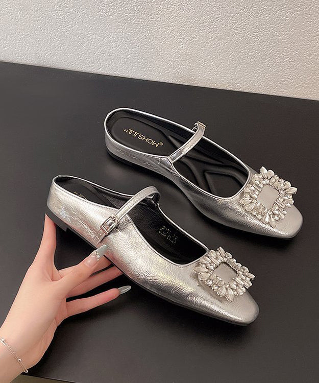 Women's Faux Leather Sandals Slip On Silver Zircon - OutfitLondon