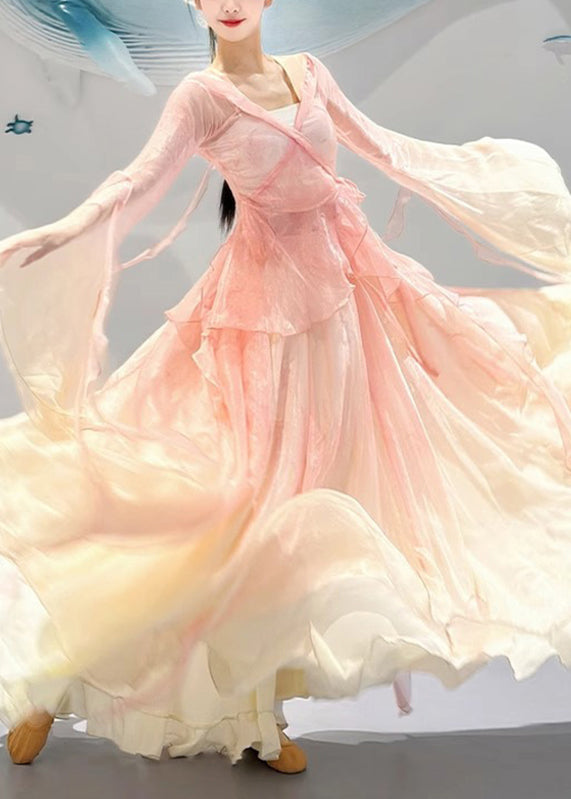 Women's Silk 2 Piece Set V Neck Long Skirt Pink - OutfitLondon