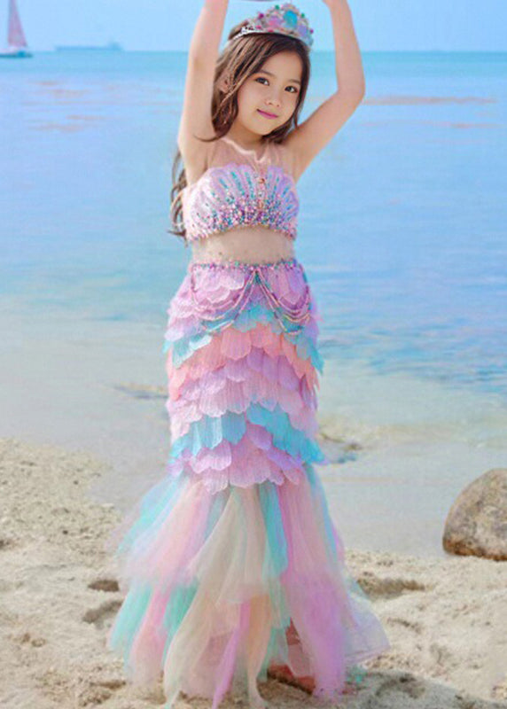 Girls Rainbow Sequin Tulle Dress Lightweight Long Fairy Tale Gown - OutfitLondon