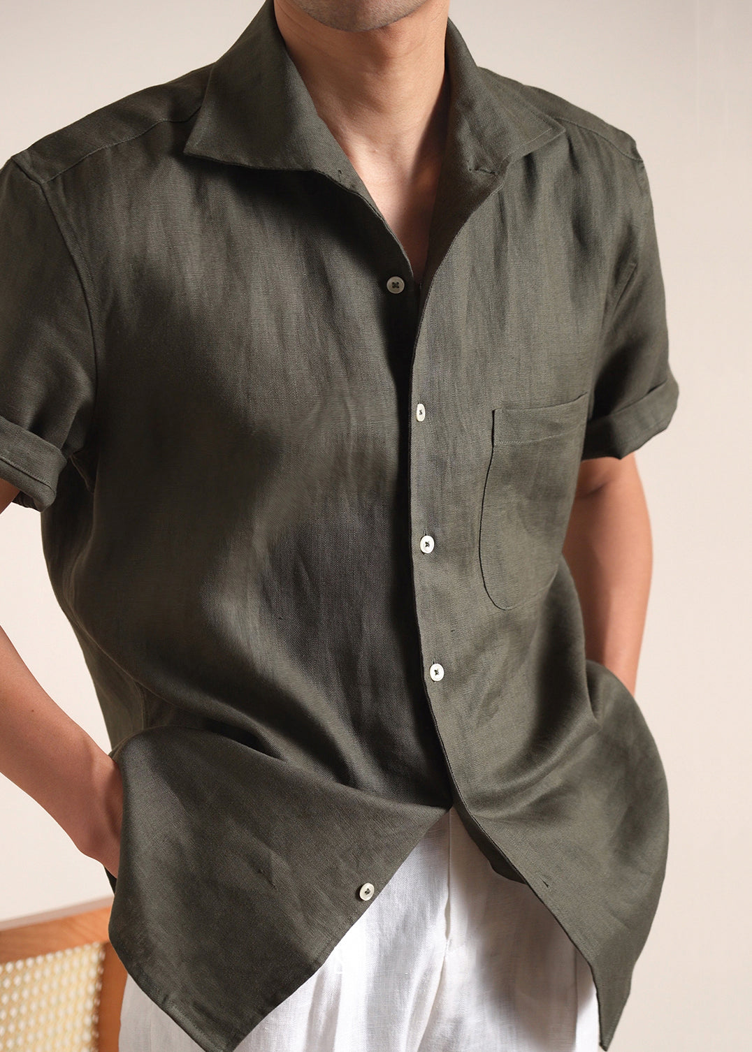 Men's Olive Green Cotton Short Sleeve Shirt With Chest Pocket - OutfitLondon