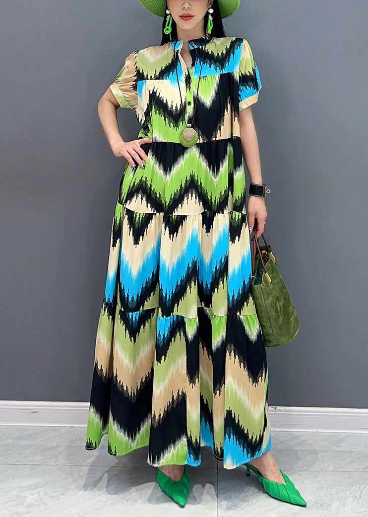 Women's Green Patchwork Maxi Dress Short Sleeve Breezy Cotton - OutfitLondon