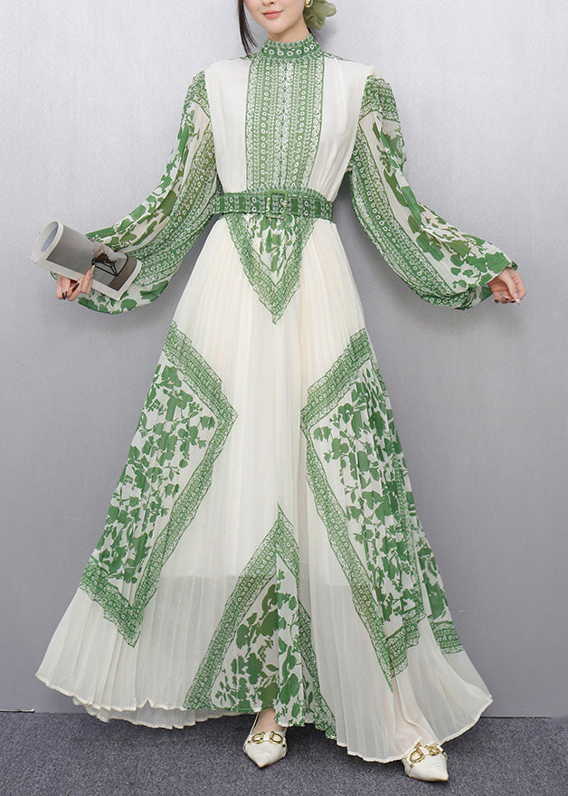 Women's Silk Chiffon Green Print Dress Cinched Waist - OutfitLondon