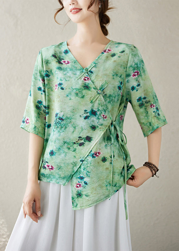 Women's Cotton Blouse V Neck Lace Detail Green - OutfitLondon
