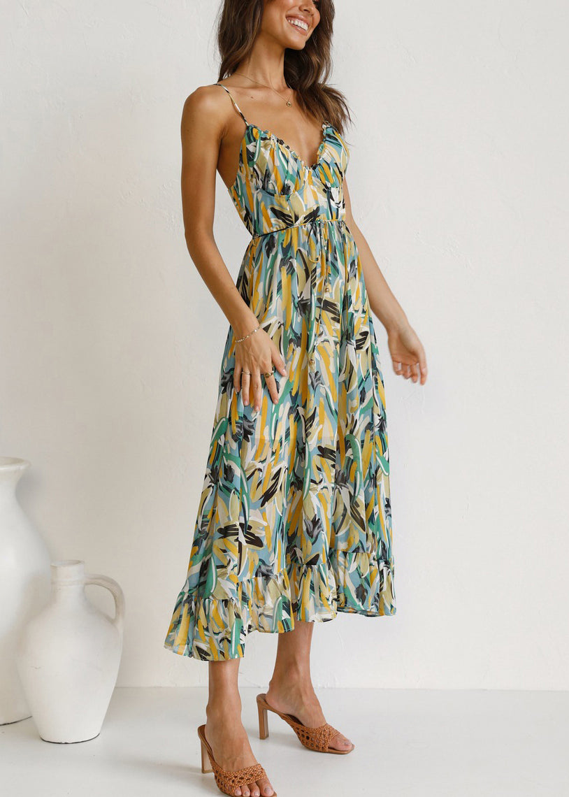 Women's Green Cotton Backless Dress Spaghetti Strap Breathable - OutfitLondon