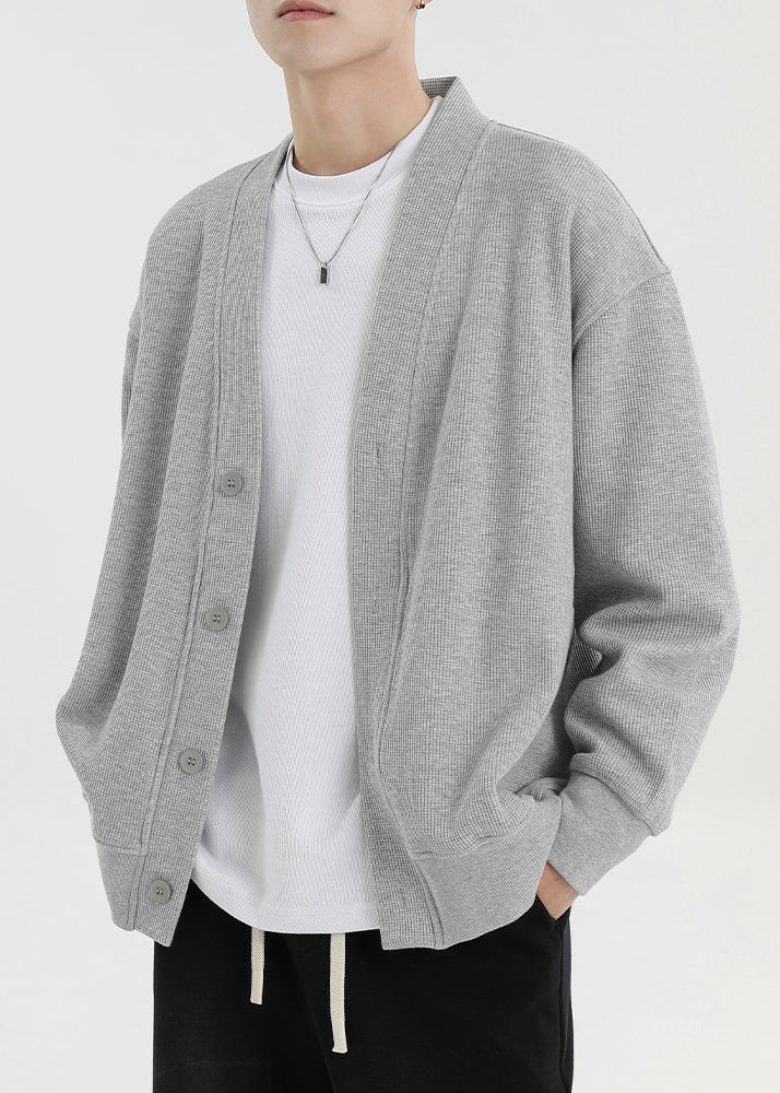 Men's Cotton Cardigan Gray Oversized V Neck - OutfitLondon
