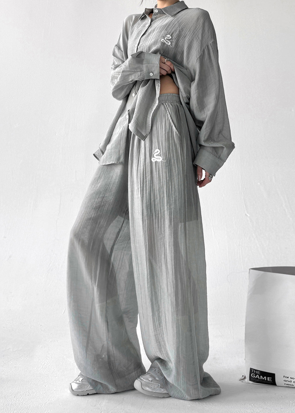 Women's Gray Cotton Two Piece Set Elastic Waist Plus Size - OutfitLondon