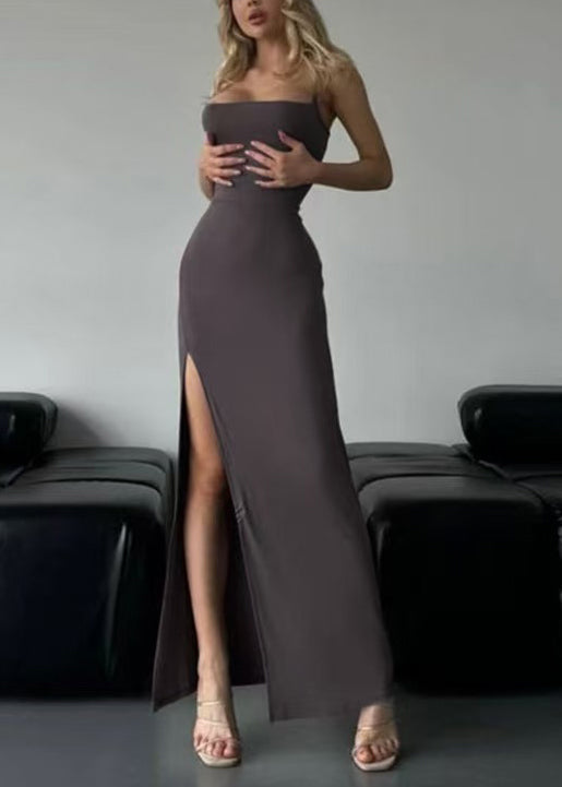 Women's Grey Cotton Maxi Dress With Lace Detailing - OutfitLondon